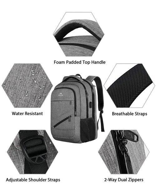 MATEIN Travel Laptop Backpack, 17 Inch Work TSA Approved Carry on Backpack, Large Computer Business Bag for Men Women with USB Port and Trolley Sleeve, College School Rucksack Book Bag, Grey