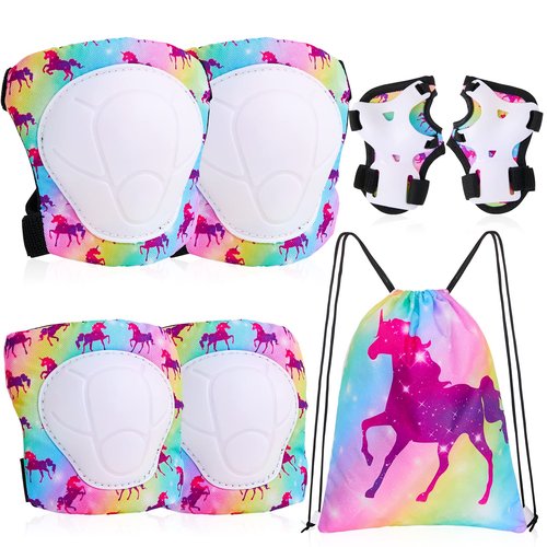 Bienbee Knee Pads for Kids, 7pcs Unicorn Kids Knee Pads and Elbow Pads Set Wrist Guards for Girls Boys Protective Gear Set with Bag for Roller Skating Inline Skates Skateboard Cycling Rainbow S