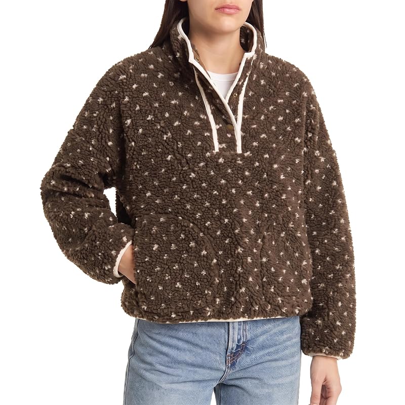 Hixiaohe Women's Fleece Pullover Sherpa Jacket - High Neck, Brown, Medium