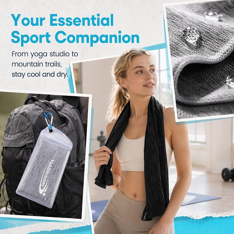 3 Black & 3 Grey 6 Pack Cooling Towels - Hyper-Evaporative Microfiber Sports Towels