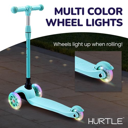 Hurtle Mini Kickboard Scooter for Kids - Height Adjustable 25''-28'', Lightweight 3-Wheel with LED Light-up Wheels, Anti-Slip,Indoor/Outdoor Fun, Micro Scooters for Ages 2-5 (Teal)