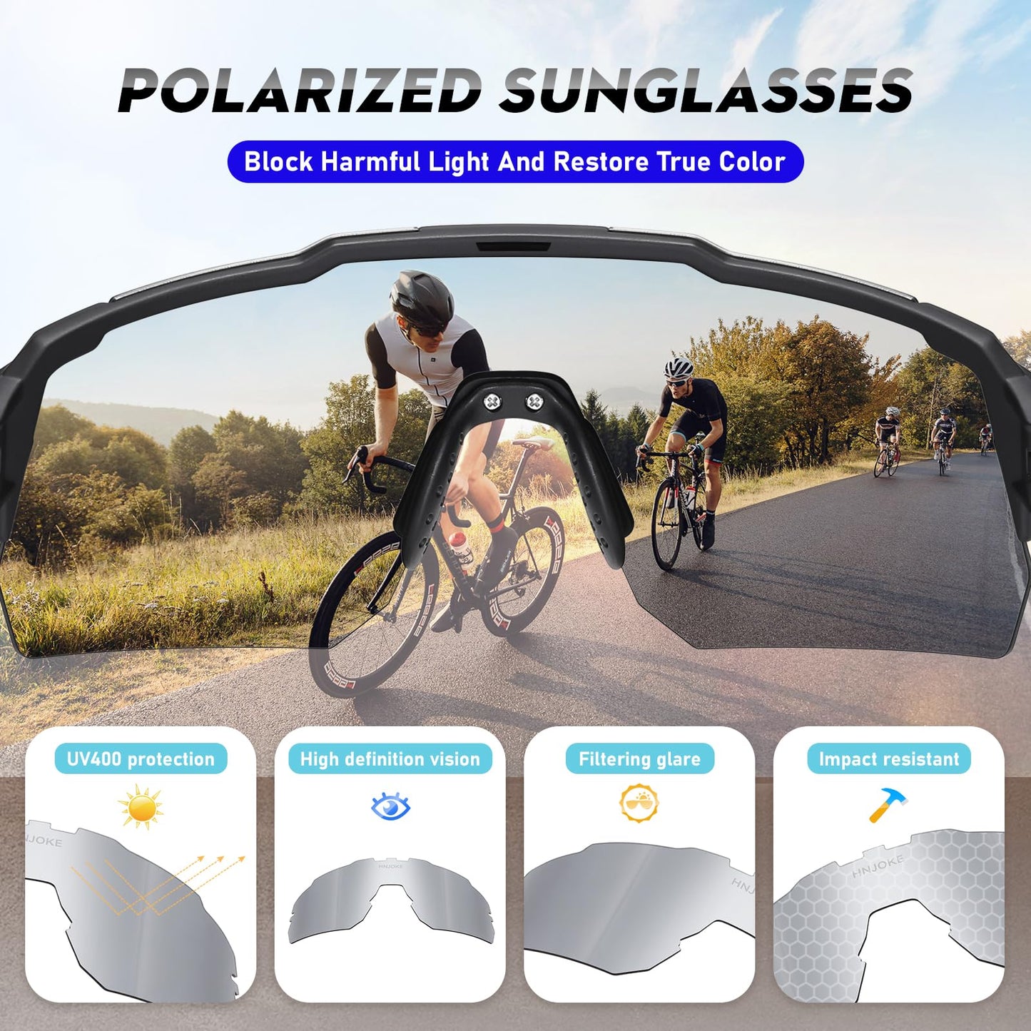 HNJOKE Sports Polarized Sunglasses, UV 400 Protection Sun Glasses Women, Mens Glasses for Cycling Biking Running Hiking Golf Fishing, Black