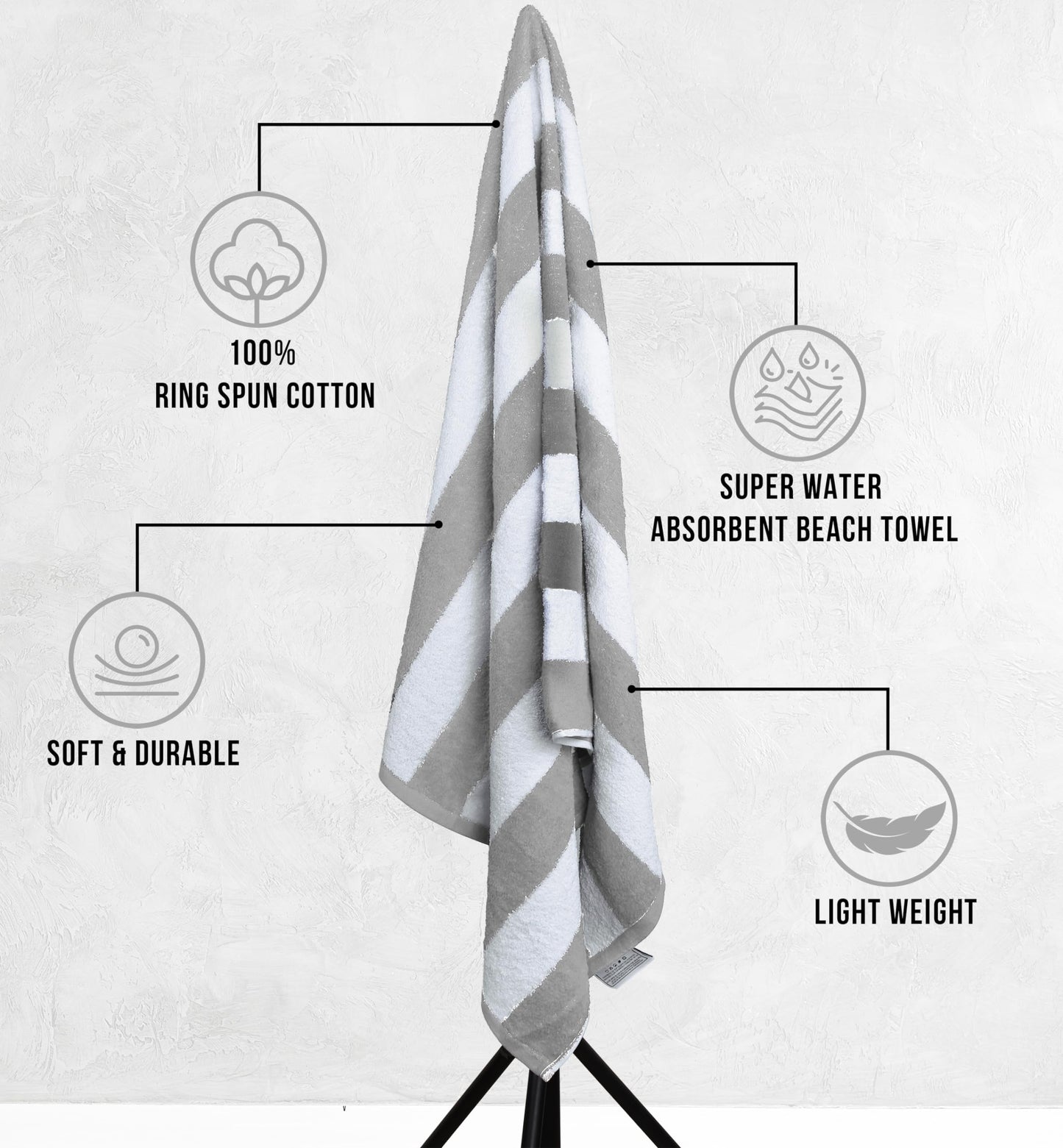 Utopia Towels Pack of 4 Cabana Beach Towels, Oversized 30 x 60 Inches Cotton Beach Towel Set, Smooth Ring Spun Texture for Pool and Swim Days, Modern Striped Design Bath Towels, Grey