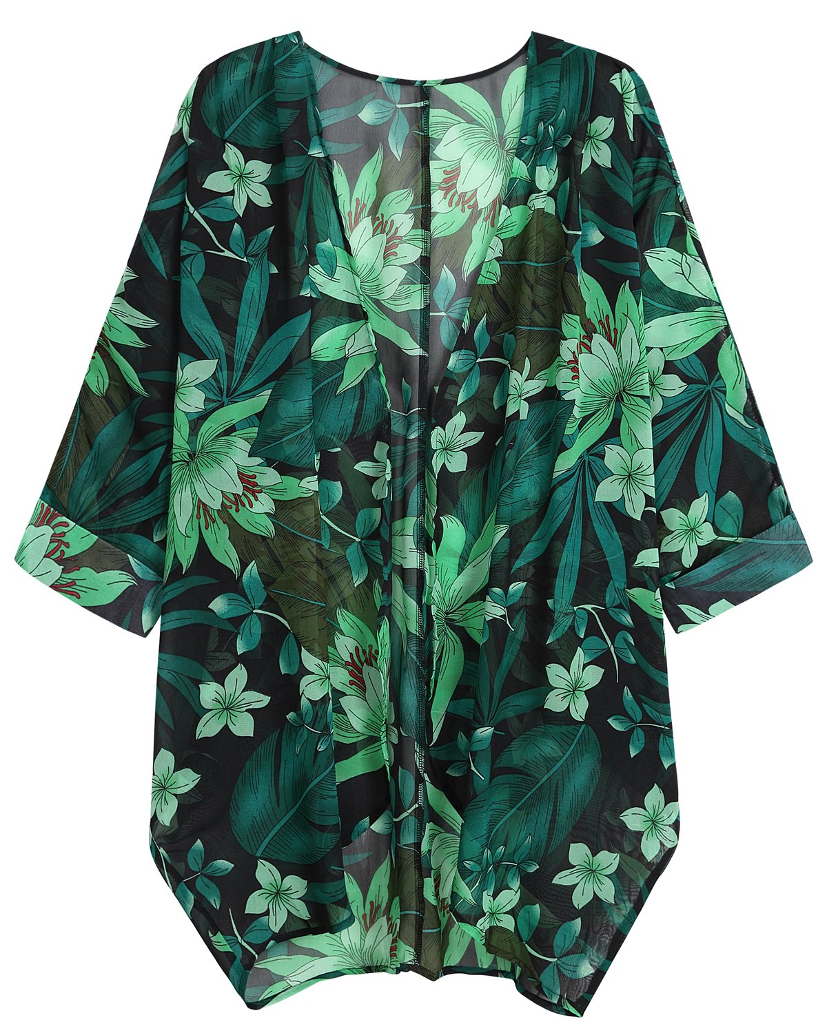 WEIYAN Women's Tops Loose Chiffon Kimono Cardigan Beach Swim Cover up Blouse(FGreen,L)