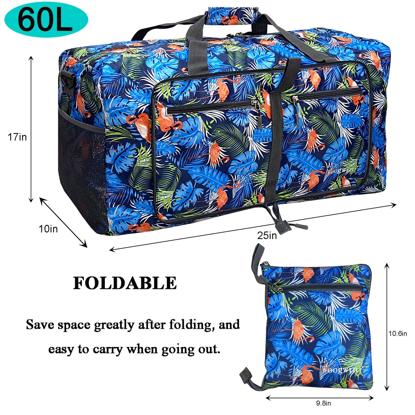 Woogwin Travel Duffel Bag Large Foldable Waterproof Overnight Bag for Beach Swim Bags Pool Sports Gym (Light Blue Leaf)
