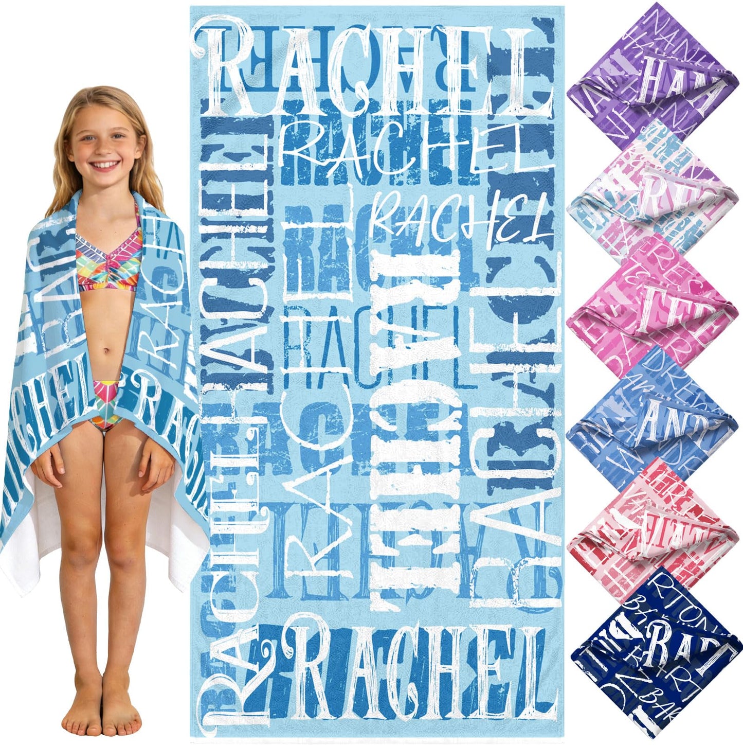 Yoke Style Personalized Beach Towels for Kids, Custom Sand Free Microfiber Beach Towel with Your Name, Customized Quick Dry Pool Towels Easter Gifts for Girls Boys Toddler