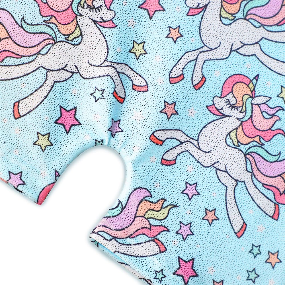 HOZIY Unicorn Leotards With Shorts for Girls Gymnastics Size 7-8 Year Old Sky Blue Rainbow Stars Sparkly Kids Leo Unitard Tumbling Outfits Biketard Ropa Gimnasia Para Niña