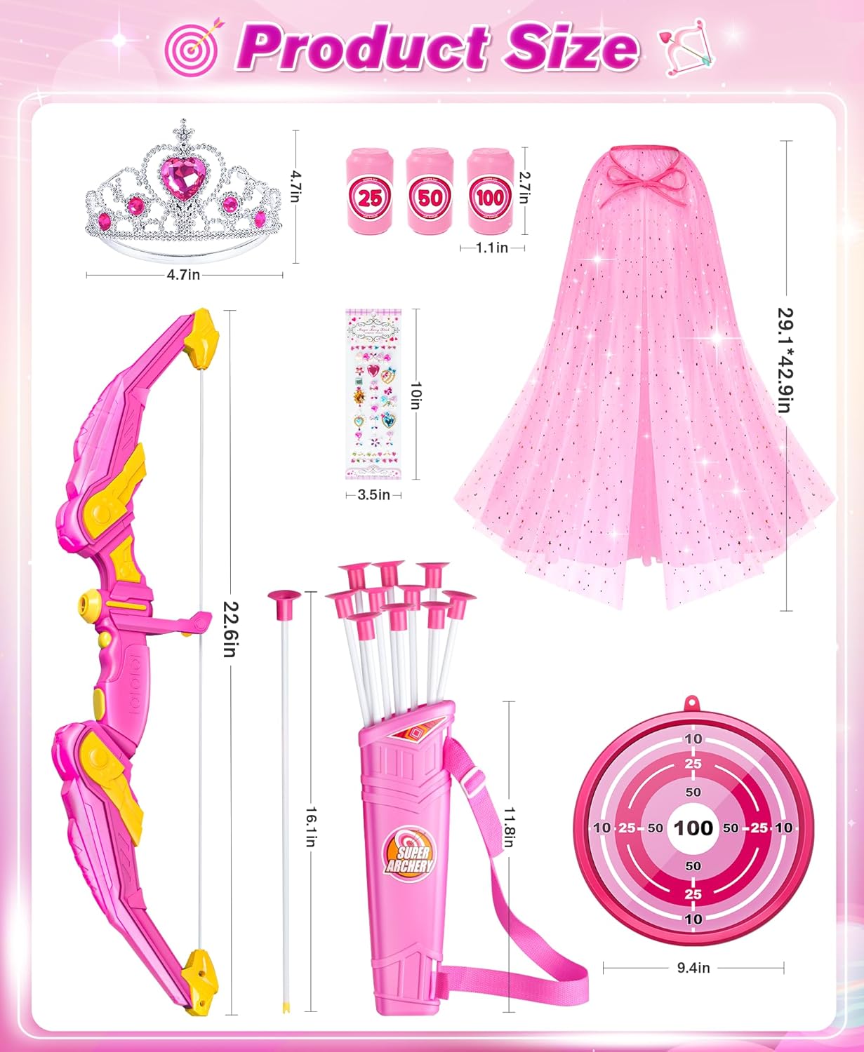 Kids Bow and Arrow Set Toys for Girls, LED Light Up Archery Bow Set with Princess Cape and Crown, 10 Suction Cup Arrows, Indoor and Outdoor Play Birthday Gift Toy for Kids Boys Girls