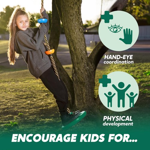 TURFEE Tree Swing for Kids - Single Disc Seat and Climbing Rope Set w/Carabiner & 4 Ft Strap - Treehouse and Outdoor Playground Accessories - Green ﻿