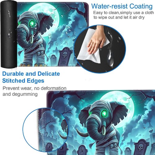 Yuxcfhjfe Playmat for MTG, 24x14 Inches, for TCG and CCG Trading Card Game Mat, Non-Slip Rubber for MTG Playmats with Storage Bag and 6 Dice Set, Mummy Elephant in The Cemetery