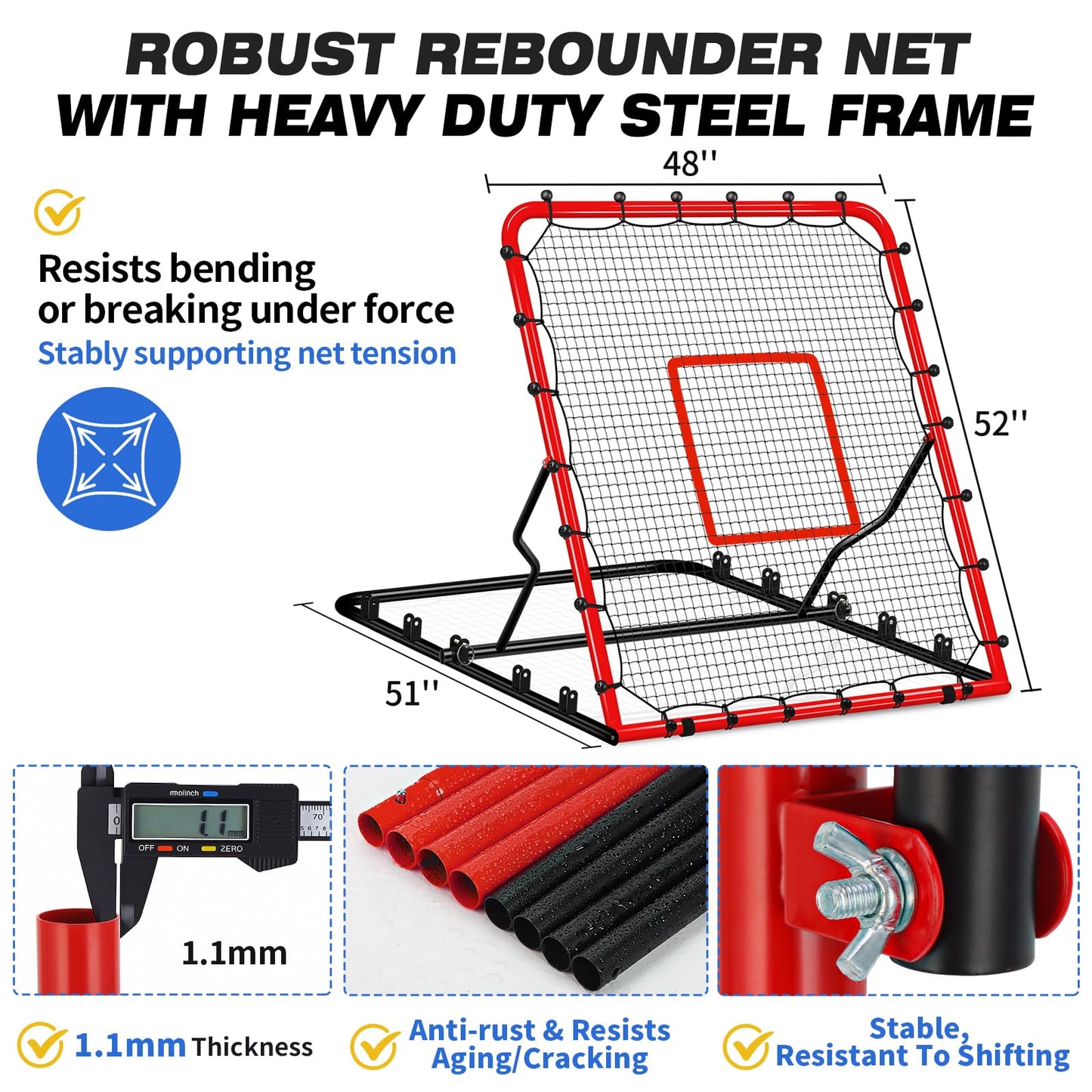 5-Angle Baseball Rebounder Net Bounce Back Net Solo Fielding Trainer 48x52 Inch, Multi-Sport Pitch Back for Ground, Line Drive, Fly Ball with Stable Frame, 45-PLY Net, Carry Bag