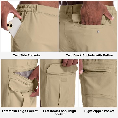 Jessie Kidden Mens Outdoor Casual Expandable Waist Lightweight Water Resistant Quick Dry Fishing Hiking Shorts #6222-Khaki,34