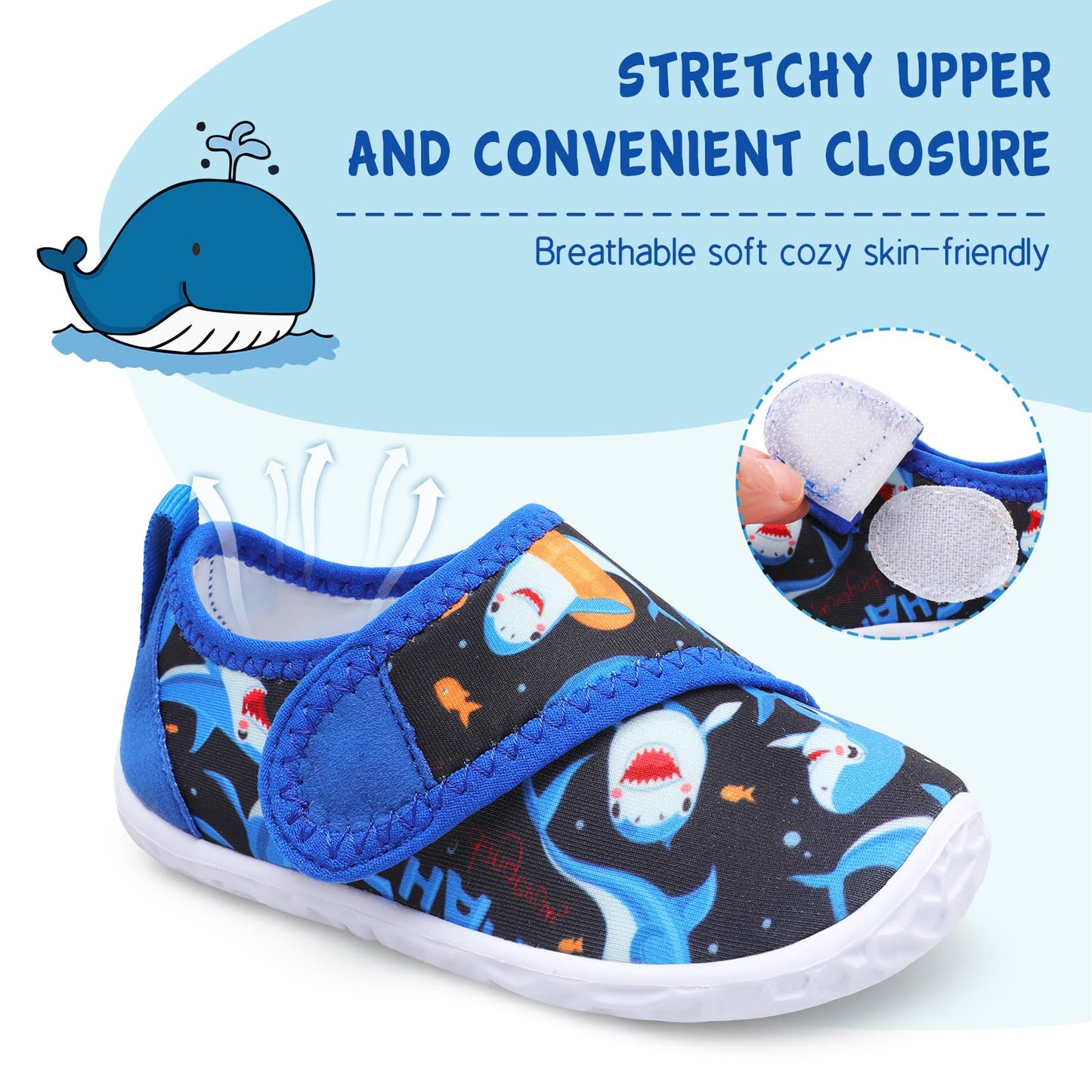 LeIsfIt Toddler Water Shoes Boys Girls Barefoot Aqua Socks Kids Breathable Quick-Dry Swim Shoes for Beach Pool Surf, Blue Shark, 7 Toddler