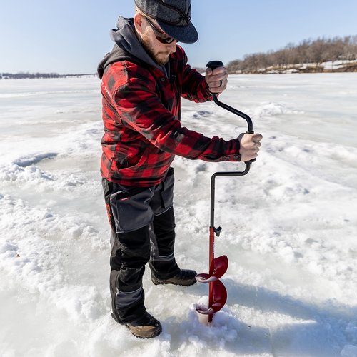 Eskimo 8 Inch Stainless Steel Ice Fishing Hand Powered Manual Auger Bit with Dual Flat Blades and Cross Bolt Takedown System for Ice Fishing, Red