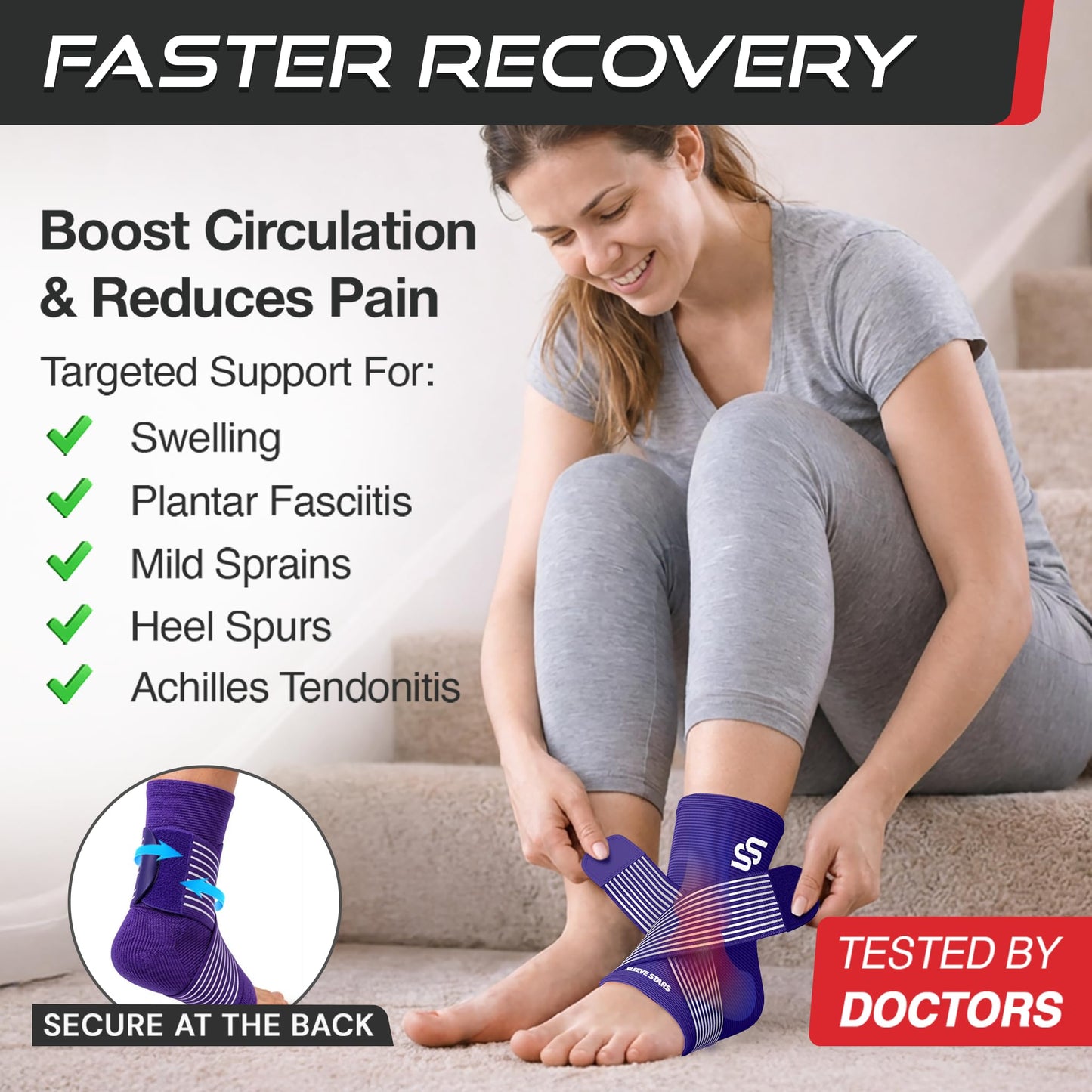 Sleeve Stars Ankle Brace for Women & Men, Ankle Wrap for Sprained Ankle, Compression Sleeve for Plantar Fasciitis Relief, Easy Customizable Support: w/Removable Strap (Single/L:12"-13"/Dark Purple)