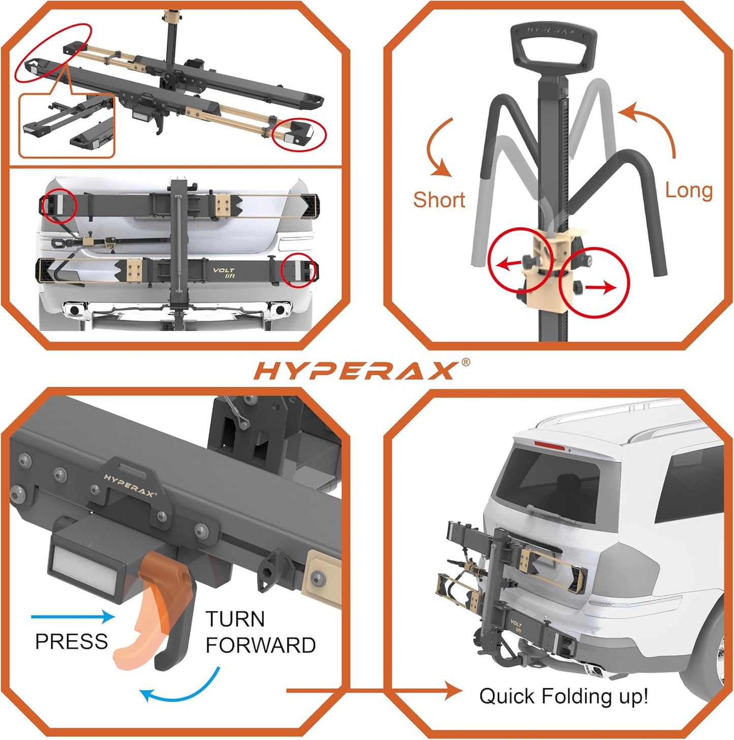 HYPERAX Volt 2 - E Bike Hitch Mounted Platform Style 2 Bikes Carrier for Car, SUV, Trucks, Sedan, Tilting e-Bike Rack for Hitch Fits Up to 2 X 70 lbs Bike with Up to 5" TIRE - NO RV USE!