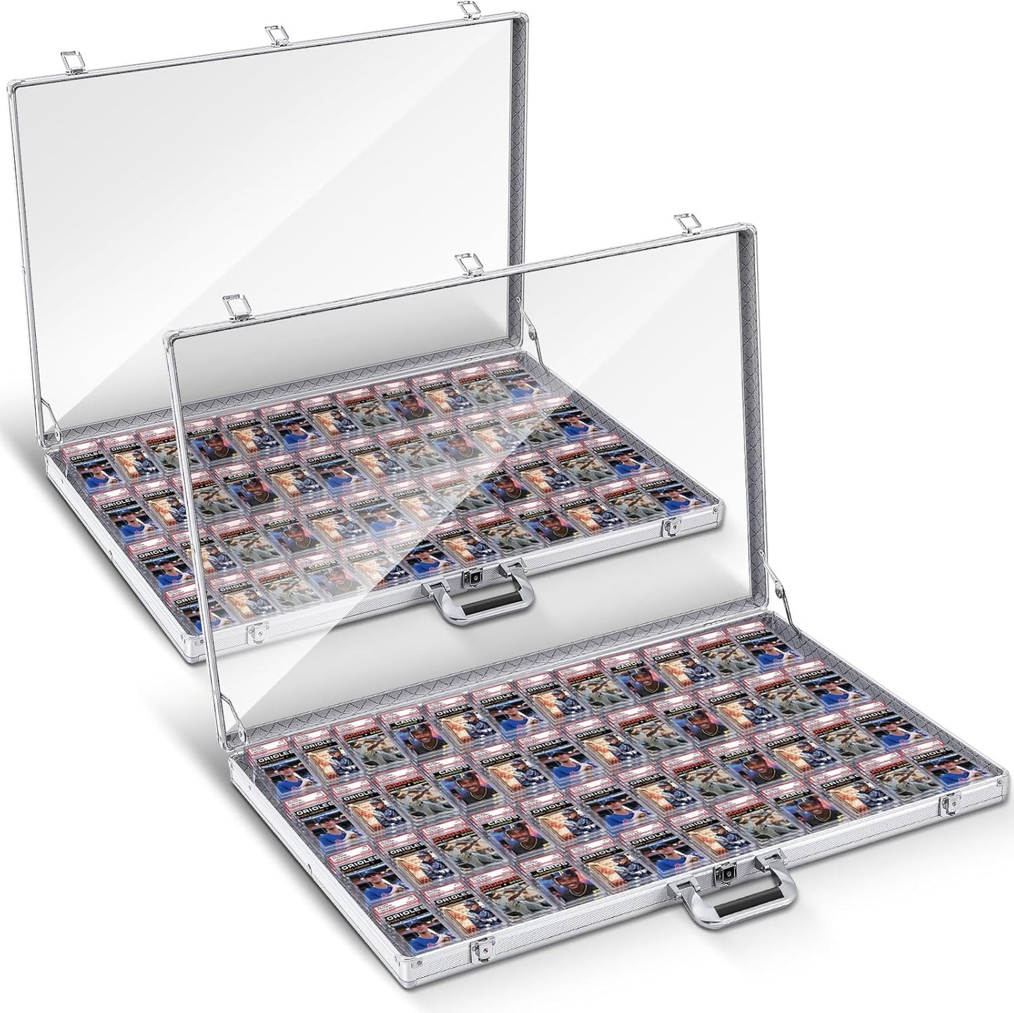 2 Pcs Aluminum Glass Display Case for Cards Trade Show Table Top Portable Sport Card Case with Clear Acrylic Showcase with Lock for Jewelry Craft Collector(32.7 x 22.1 x 3 Inch,Silver)