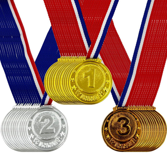 Flyekist 36 Pieces Plastic Winner Award Medals for Kids, Childrens Plastic Gold Silver Bronze Medals for Sports, Games Competitions, Party Favors and Decorations