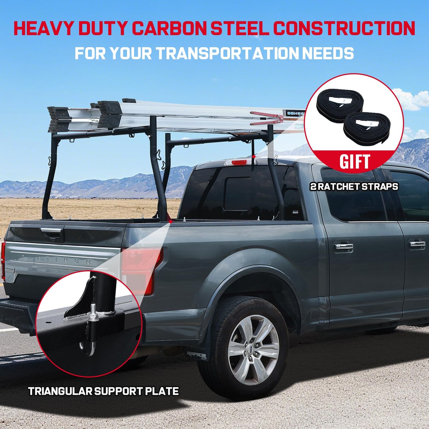 OTHOWE Truck Ladder Rack for Most Trucks - Universal Non-Drilling 46''-71'' in Width Truck Bed Rack with 800lbs Loading Capacity, Overland Ladder Rack for Kayak, Surfboard, Lumber, Ladder and More