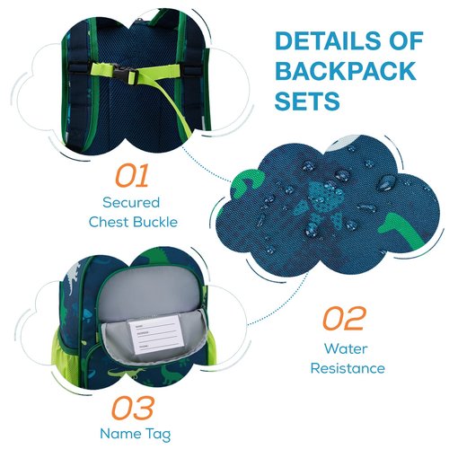 mommore Kids Backpack Set, Dinosaur Backpack for Kids Lightweight Kindergarten Bookbag for Students School Backpack for Children with Chest Strap and Lunchbox Water Resistant,3pcs green