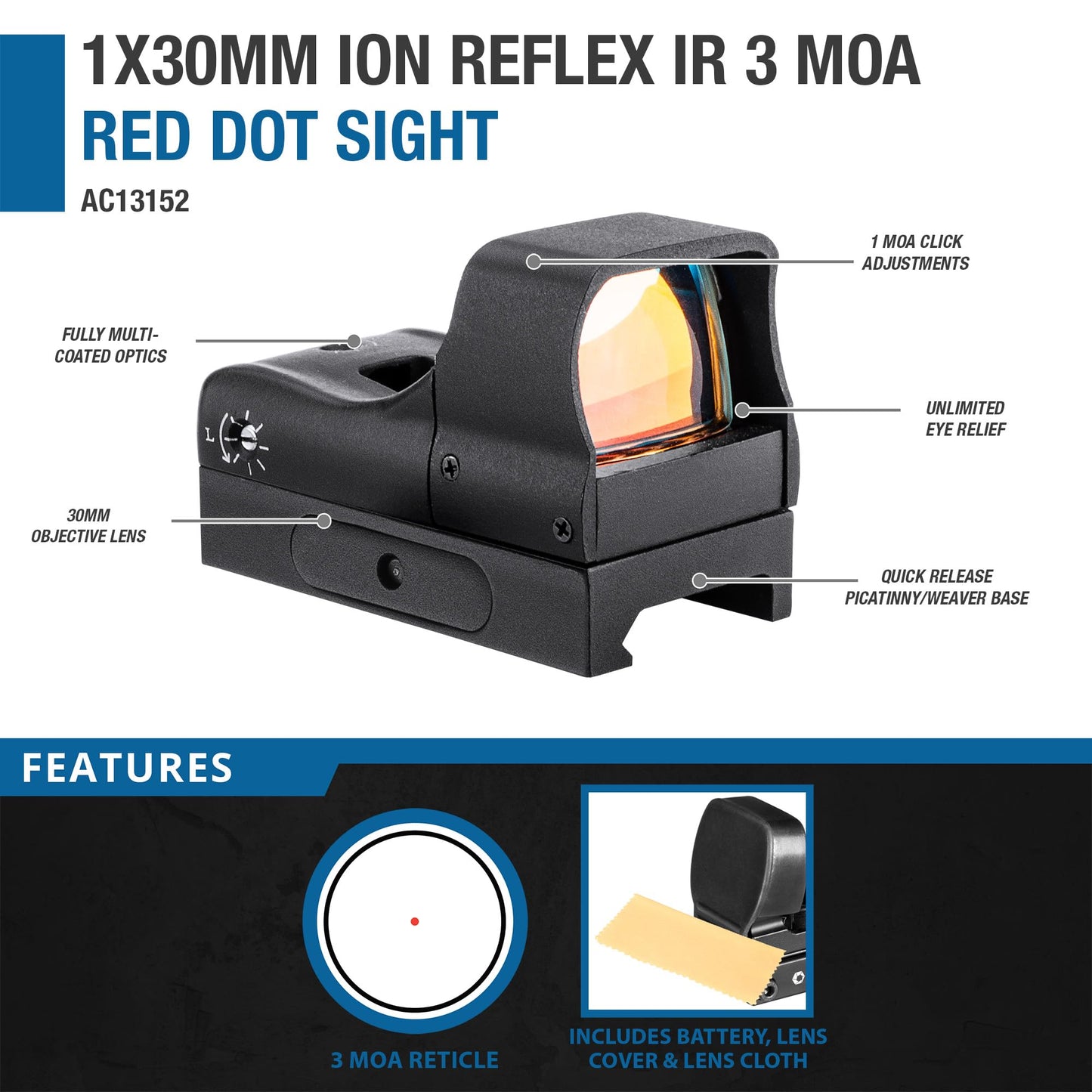 BARSKA 1x30mm ION Reflex Red Dot Sight – 3 MOA Dot, Adjustable Brightness, Quick-Release Picatinny/Weaver Mount, Unlimited Eye Relief