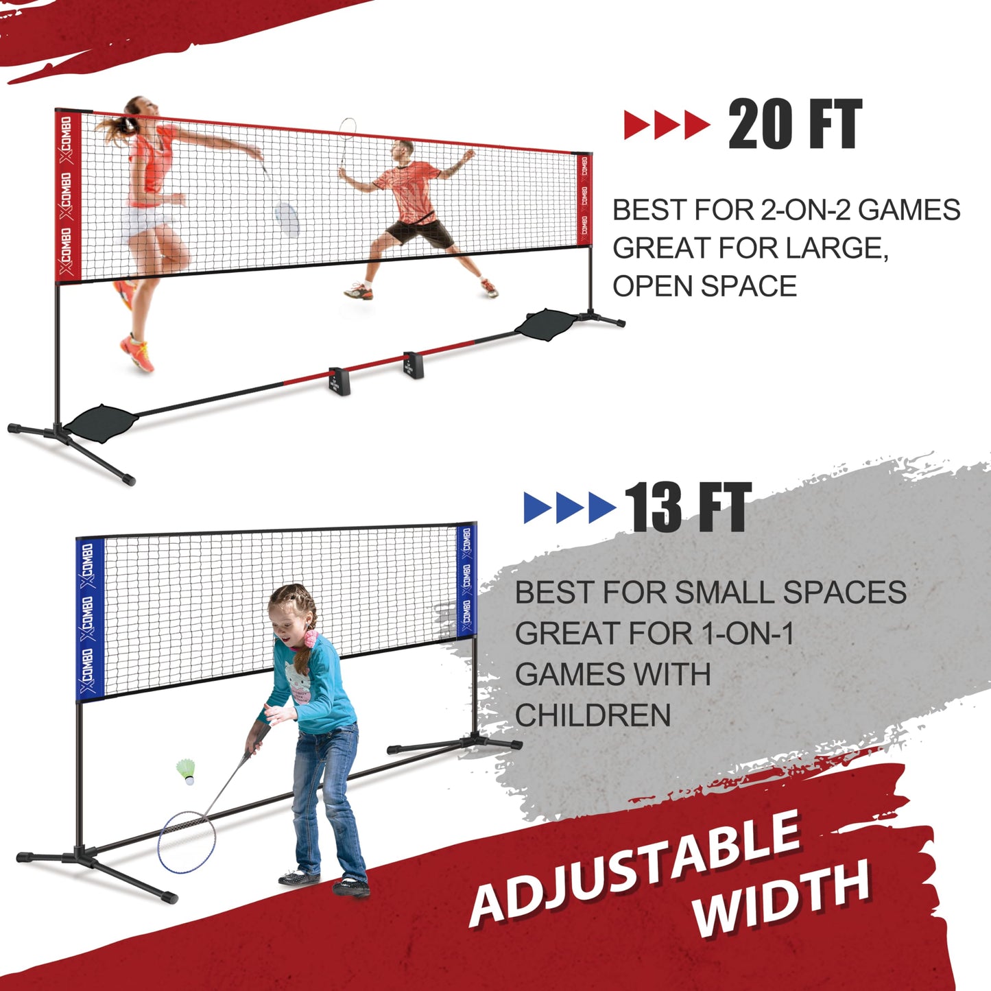 JOLORLY Badminton Sets for Backyards, Kids Volleyball Pickleball Combo Set with Net, Adjustable Width and Height (13.5ft/20ft Width x 7ft max Height) Portable Freestanding Rackets Set