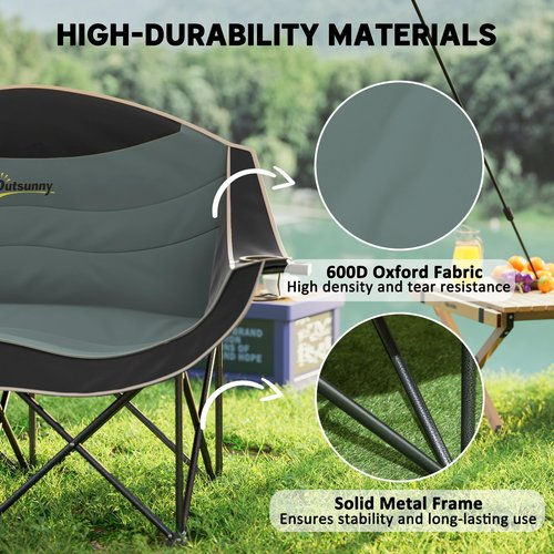 Outsunny Double Camping Chair for Adults, Padded Folding Camp Chair for 2 Person with Armrest, Wine Glass Holder, Cup Holder, Carry Bag for Outdoor Sports, Picnics, Supports up to 551 lbs., Black