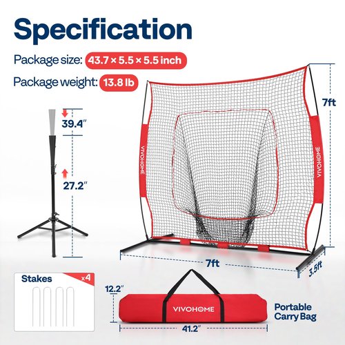 VIVOHOME Baseball Softball Batting Net - 7x7 Ft Baseball Backstop, Softball Practice Net for Hitting, Pitching, Throwing with Batting Tee and Carry Bag, Red