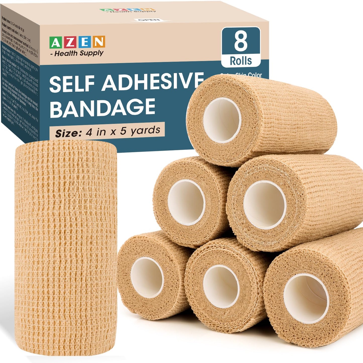 AZEN 8 Pack Self Adhesive Bandage Wrap, 4" X 5 Yards Elastic Cohesive Bandage Wrap, Skin Color Athletic Tape, Ankle Tape, Tattoo Grip Tape Wrap, Vet Wrap