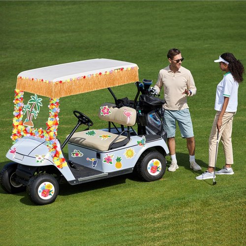 Zeyune 19 Pcs Summer Parade Golf Cart Decorations Kit Hawaiian Luau Grass Fringe Banner 19.7 ft Plastic Flower Lei Garland Summer Luau Stickers for Golf Cart Summer Theme Decorations