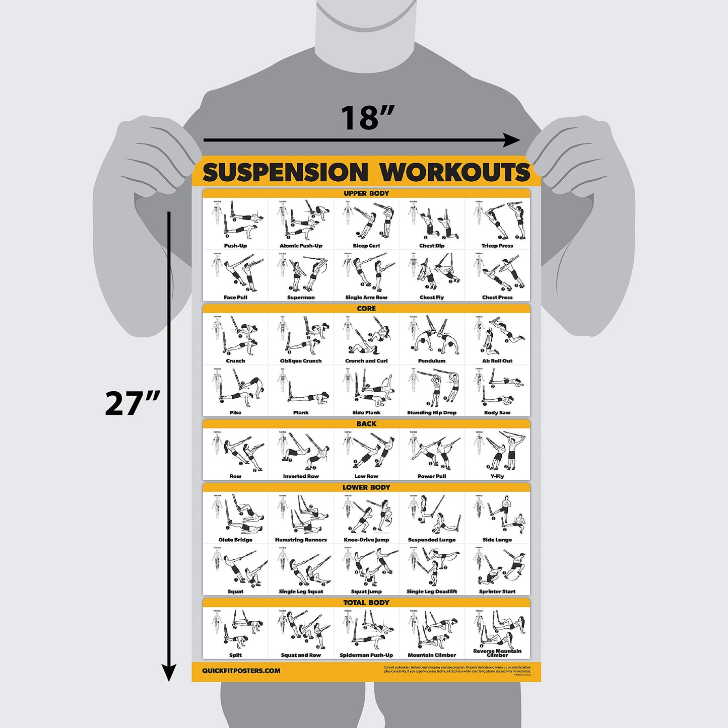 10 Pack - Exercise Workout Poster Set - Suspension Volume 1 & 2, Dumbbell, Kettlebell, Resistance Bands, Stretching, Bodyweight, Barbell, Yoga Poses, Exercise Ball (PAPER - NOT LAMINATED 18" x 27")