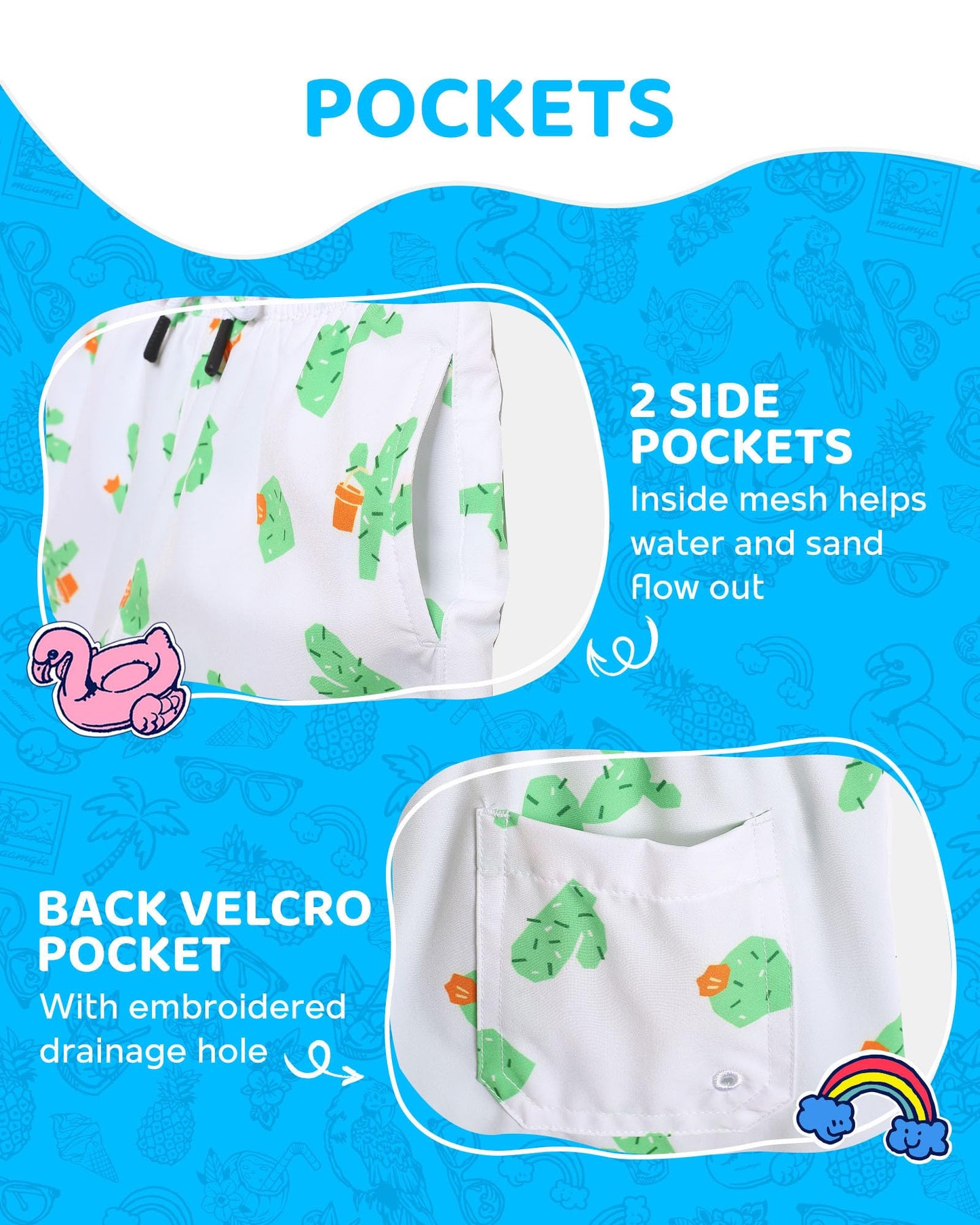 maamgic Boys Swim Trunks with Compression Liner Toddler Boy Swimsuit Quick Dry 4-Way Stretch Swimming Trunks Cactus White 2T