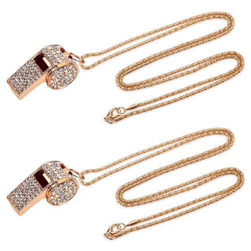 Tinoaly 2pcs Bling Whistle Crystal Rhinestone Necklace, Metal Golden Bling Loud Crisp Sound Whistle with Chain Lanyard for Referee Coach Teacher Sports Training