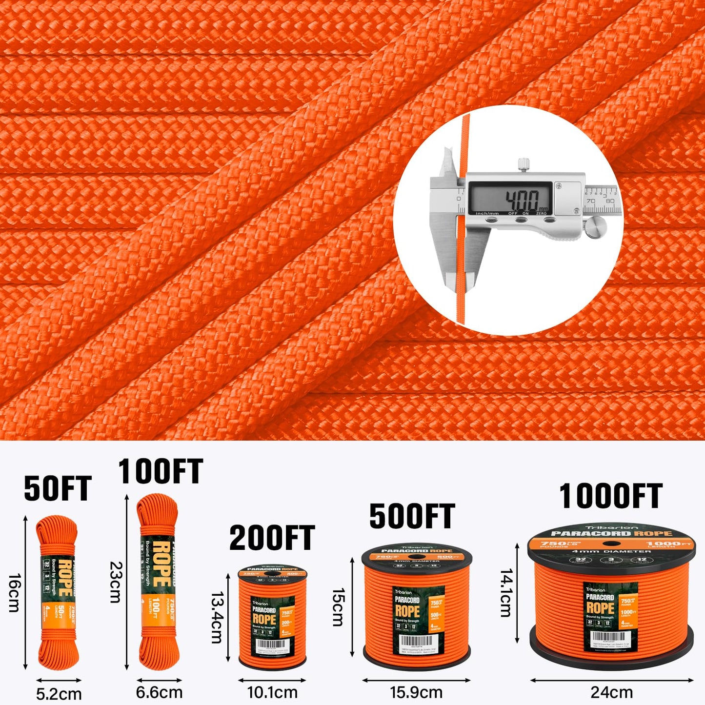 TRIBERION Paracord Rope 750 lb - 200ft 5/32" Parachute Cord 4MM 12-Strand para Cord - Heavy Duty Spool String for Survival,Camping Gear, Survival Bracelet, Clothesline - Orange