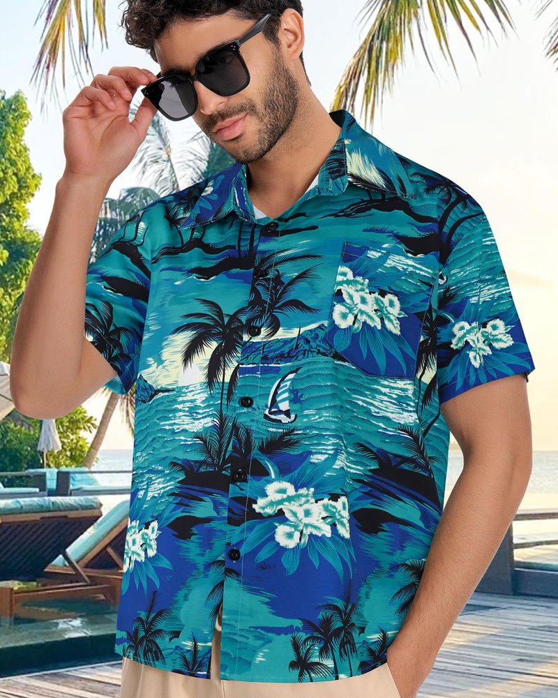 Mens Hawaiian Shirt Short Sleeve Summer Beach Casual Tops Button Down T Shirts with Pocket(Green Palm Tree,XL)