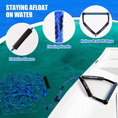 SETYPARY 75FT Wakeboard Rope and Handle, Floating Water Ski Rope for Watersports, 4 Sections Ski Ropes for Water Skiing, Kneeboarding, Wakeboarding (Blue & Black)