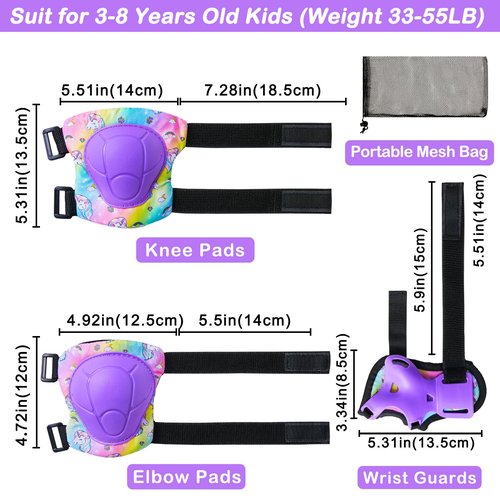 FIODAY Knee Pads for Kids Protective Gear Set Adjustable Kids Knee Pads and Elbow Pads with Wrist Guard for Girls Roller Skates Cycling Bike Skateboard Scooter Knee Pads, 3-8 Years,Rainbow Unicorn
