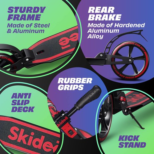 Skidee Kick Scooter for Kids Ages 6-12 - Large Sturdy Wheels, Anti-Shock Suspension with Adjustable Handlebar Up to 41" High - Foldable, Lightweight Scooters for Kids, Teens & Adult, Max Load 220 Lbs
