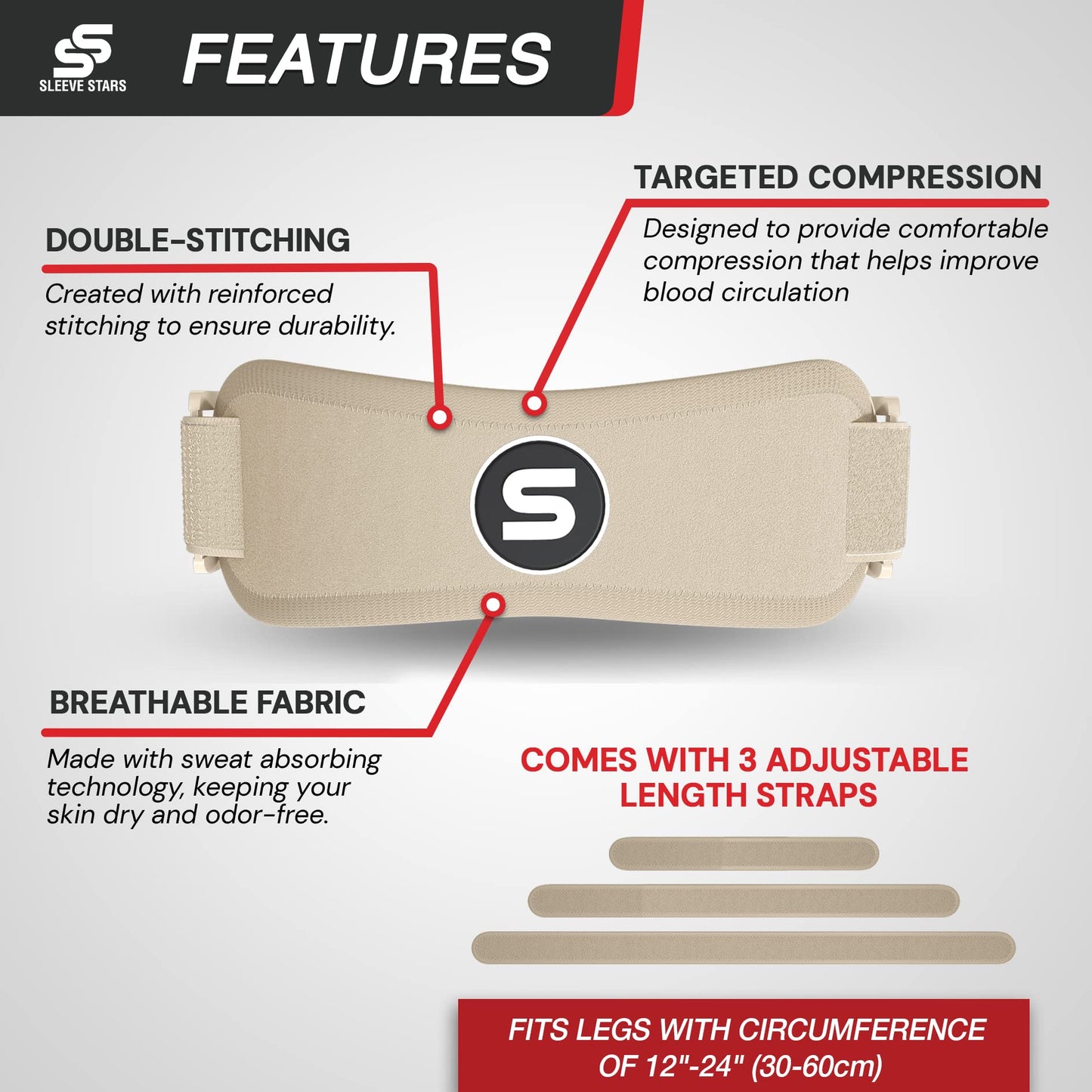 Sleeve Stars Swedish Brand Patellar Tendon Support Strap for Women & Men Effective Osgood Schlatter Knee Brace Youth & Kids Knee Brace with 3 Adjustable Length fits 12"-24" (Single/Beige/Adult)