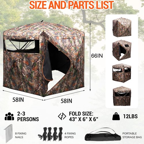 FUNHORUN Hunting Blind 360 Degree See Through Ground Blind，2/3 Person Soft Material Pop-Up Camouflage Tent，Easy-Fold Portable Concealed Shelter with Carrying Bag