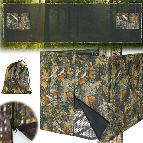 See Through Hunting Treestand Blinds, Four-sided Tree Stand Wrap Camo Blind Cover 2 Man Ladder Stand Blind Kit Visible Camouflage Blinds with Zipper Pocket Storage Bag for Deer Hunting, 142" x 35"
