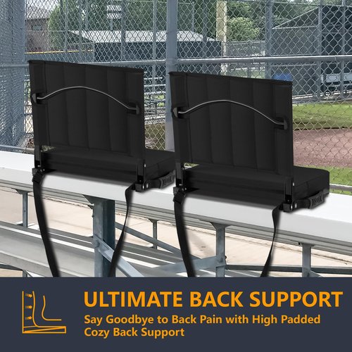 Halituny Stadium Seat for Bleachers with Back Support, Portable Bleacher Seat with Wide Comfy Padded Cushion, Metal Hook, Folding Stadium Chair with Shoulder Strap, Carry Handle, Cup Holder, Black