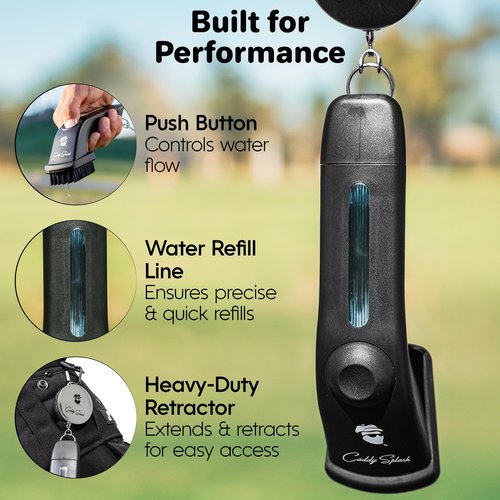 Caddy Splash Golf Club Brush Pro with Water (Black) - Heavy Duty Retractable Clip- Push Button for Easy Cleaning with Nylon Bristles - Holds 4 Oz Water - Golf Accessories - USA Company