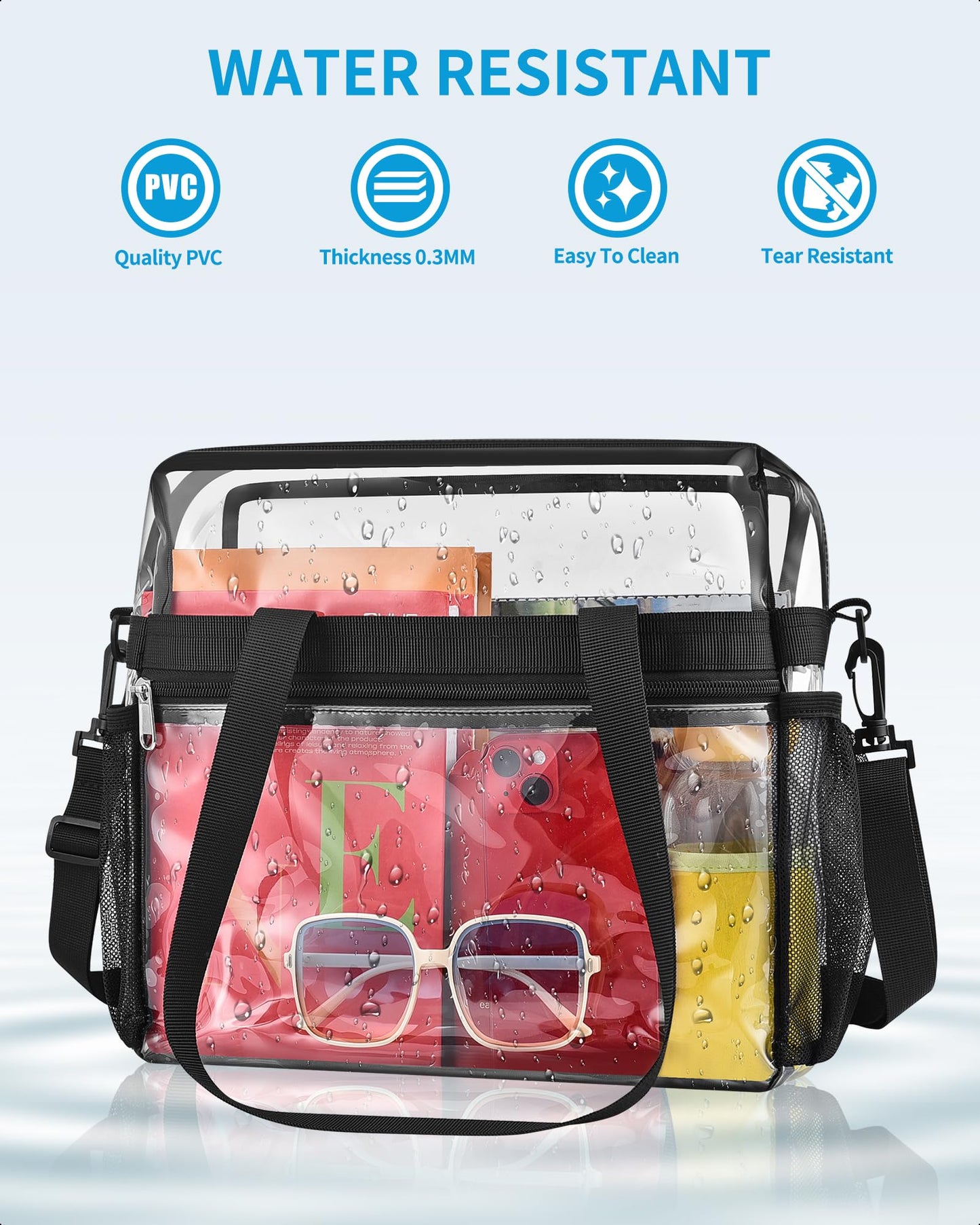 Paxiland Clear Bag for Stadium Events 12x6x12, Large Clear Tote Lunch Bag Stadium Approved with Detachable Reinforced Shoulder Straps for Concert and Festival, Transparent Handbag for men - Black