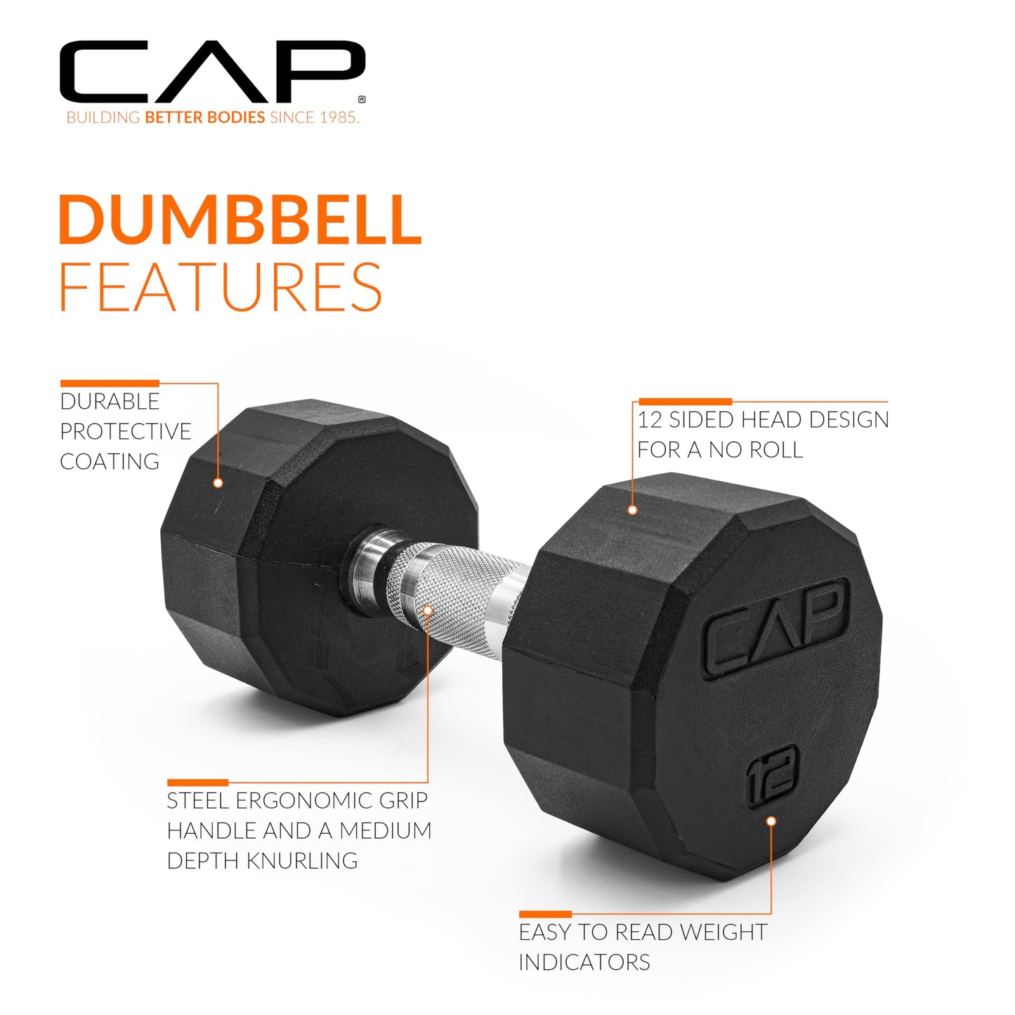 CAP 12 LB 12-Sided Rubber Coated Dumbbell Weight, Rubber Hand Weights for Home Gym Strength Training, Chrome Handle, Pair
