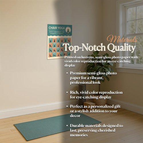 Chair Yoga Exercise Poster - Illustrated Stretching Poses Chart, Workouts, Instructions, Mobility Practice, Inspirational Routine, Wall Art for Seniors, Home Gym Picture, Meditation Decor, Flexibility