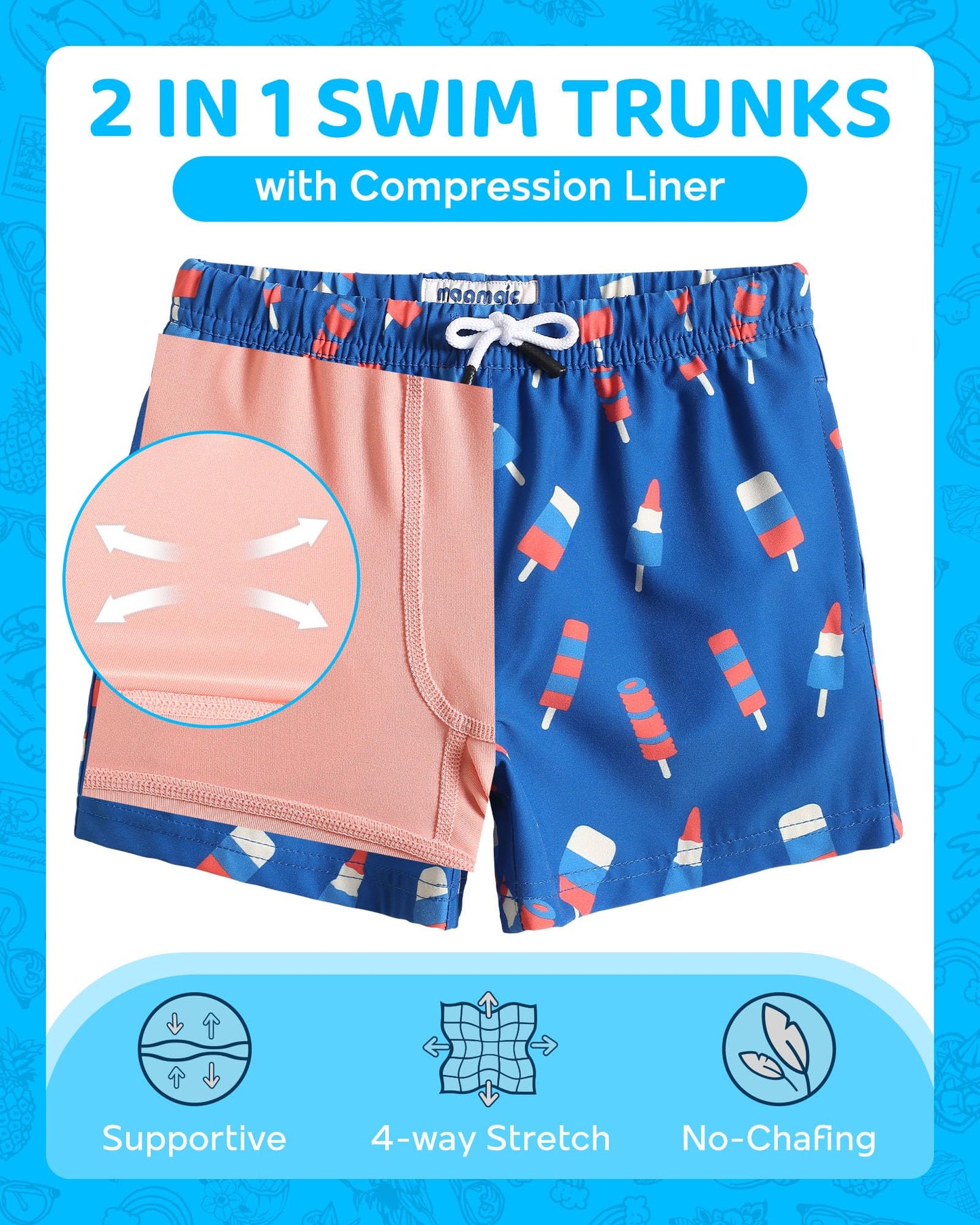 maamgic Boys Swim Trunks with Compression Liner Toddler Boy Swimsuit Quick Dry 4-Way Stretch Swimming Trunks Ice Cream Ocean Blue 14-16 Years