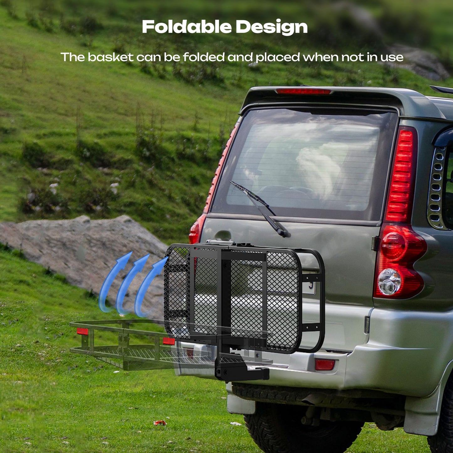 Folding Hitch Cargo Carrier, 500Lbs Capacity Tow Cargo Basket Luggage Rack for SUV 50x19x6 Inches AUSUM MOTOR Cargo Racks for Trailer fit 2 Inches Hitch Receiver with Stabilizer