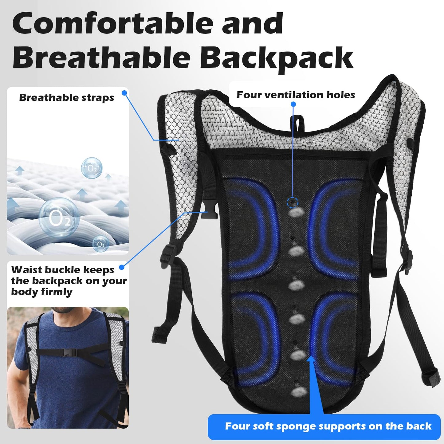 2 Pack Hydration Backpack Pack with 2L Hydration Bladder, TNYSPORT Lightweight Breathable Water Backpack with 3 Layer Pockets, Reinforced Shoulder Straps (Blue & Light Gray)