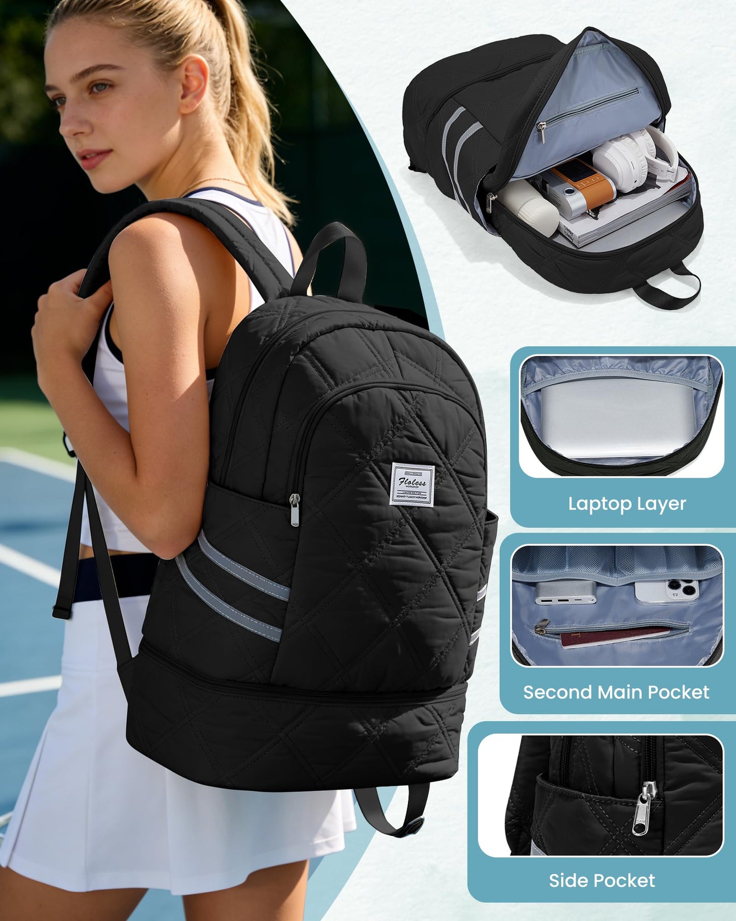 VENATIN Gym Backpack for Women Men, Lightweight Gym Bag with Shoe Compartment, Water Resistant Sports Backpack with Wet Pocket, Large Capacity Cheer Backpacks for Girls, Black